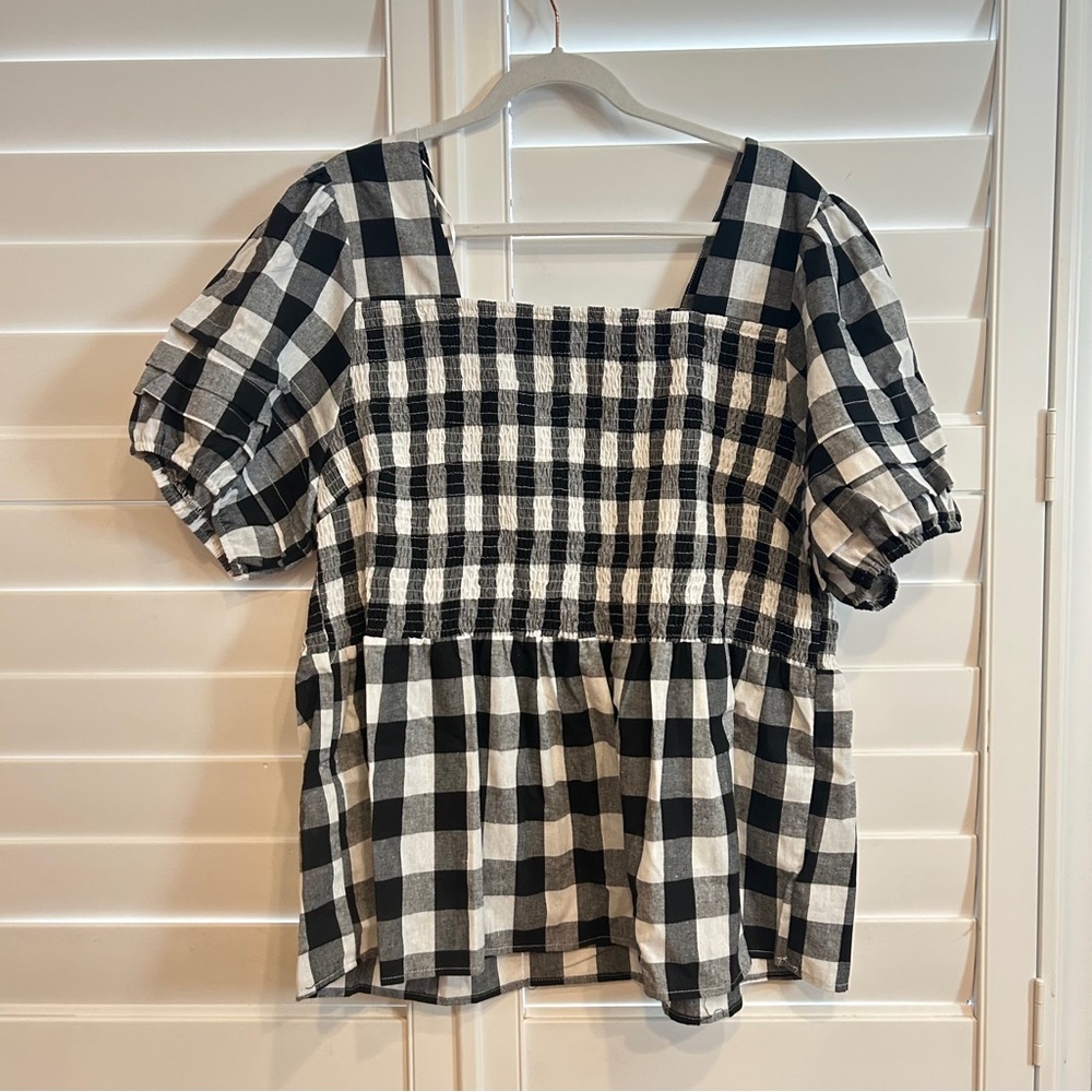 Grace + Karma Gingham Smocked Puff Sleeved Top Black White Size 2x